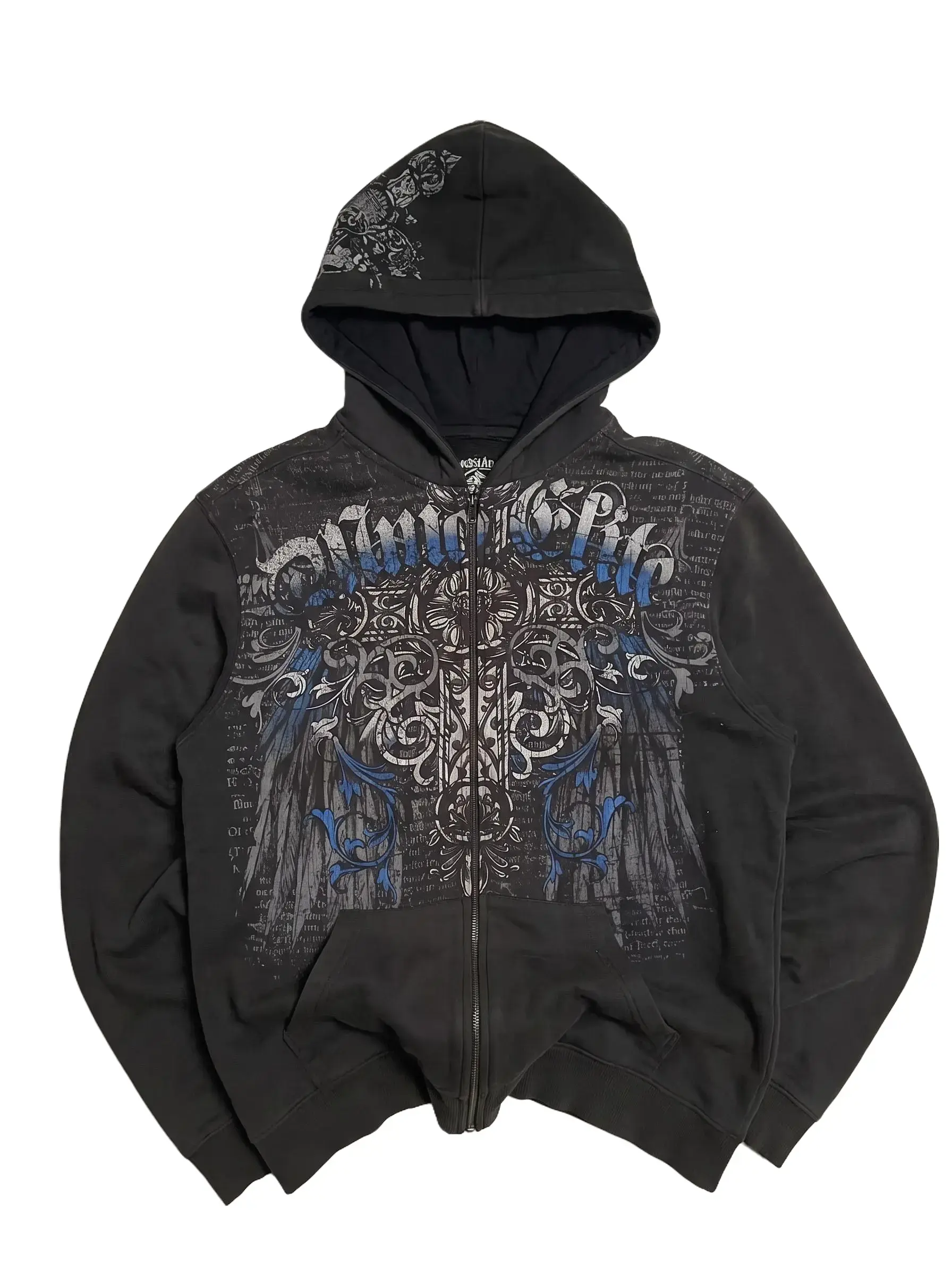 Women's Vintage Y2k Grunge Polyester Zip-Up Hoodie - Stylish Distressed Oversized 2000s Graphic Baggy Sweatshirt for Menswear