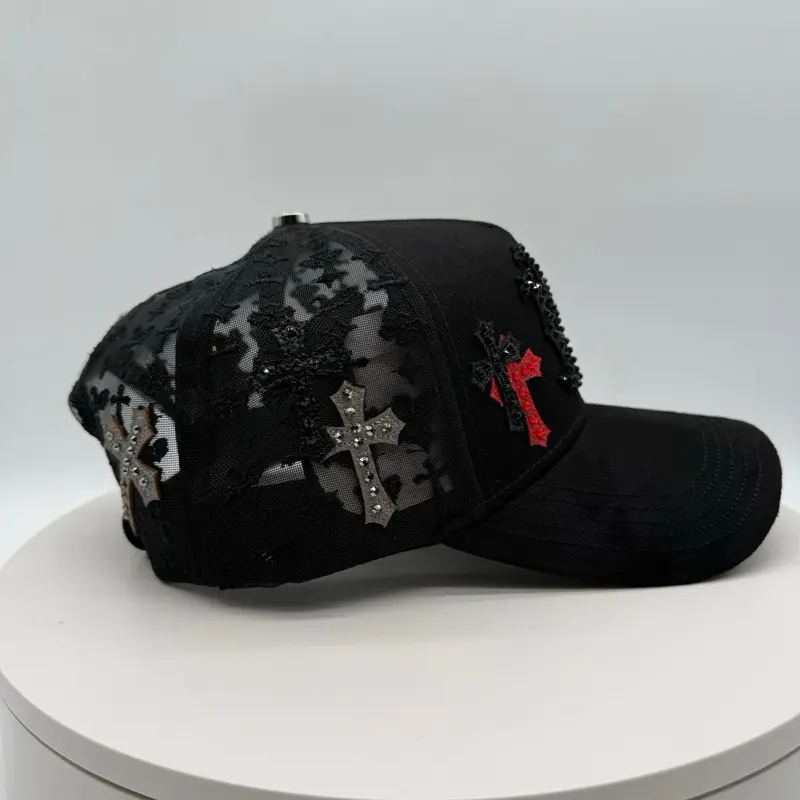 BLACK Luxury Diamonds Hat with Cross Design and Sequins