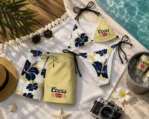 Coors Swimsuits For Couples - Swim Bra & Tie Side Thong Bikini + Men's Beach Shorts, Summer Vacation Swimsuit, Hawaiian Short