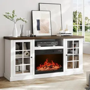59 Inch Fireplace TV Stand, Entertainment Center with 23 Inch Electric Fireplace, TV Table for TVs up to 65 Inches, Media Console Cabinet with Storage and Glass Doors for Living Room, White,White+Brown
