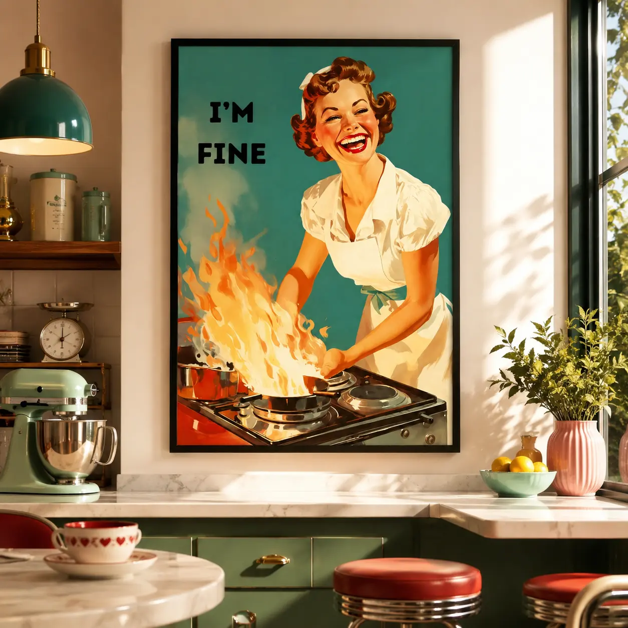 1950s Retro Housewife Cooking Poster - Artistic Minimalist Vintage Cartoon Kitchen Wall Artwork, Kid Room & Kitchen Decoration, Vertical Print, Gift