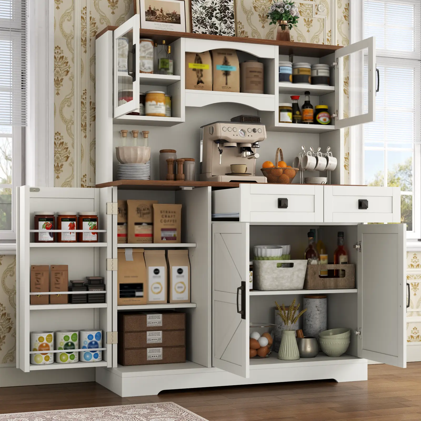 Gyfimoie Farmhouse White Kitchen Pantry Storage Cabinet with Microwave Stand, Freestanding Buffet Design, Glass Door, Adjustable Shelves for Dining Room