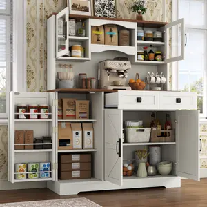 Gyfimoie Farmhouse White Kitchen Pantry Storage Cabinet with Microwave Stand, Freestanding Buffet Design, Glass Door, Adjustable Shelves for Dining Room