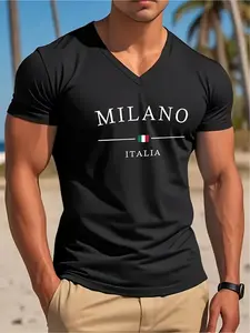 Men's and Women's Milan V-neck T-shirt - Italian flag and Milan logo design, soft, breathable, elastic fabric, loose-fitting casual short-sleeve shirt, suitable for spring and summer beach wear, unisex vintage style (black) - machine washable gift