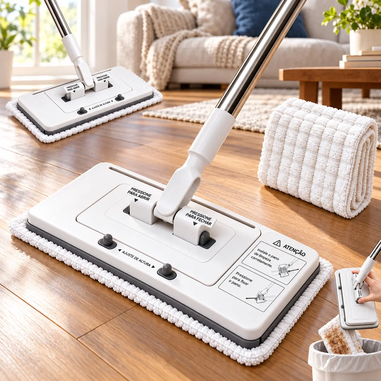 Auto Clip Floor Mop Compatible with Disposable Wipes & Reusable Cloths, Hands Free Flat Mop with 360° Rotating Head for Kitchen Bathroom Cleaning
