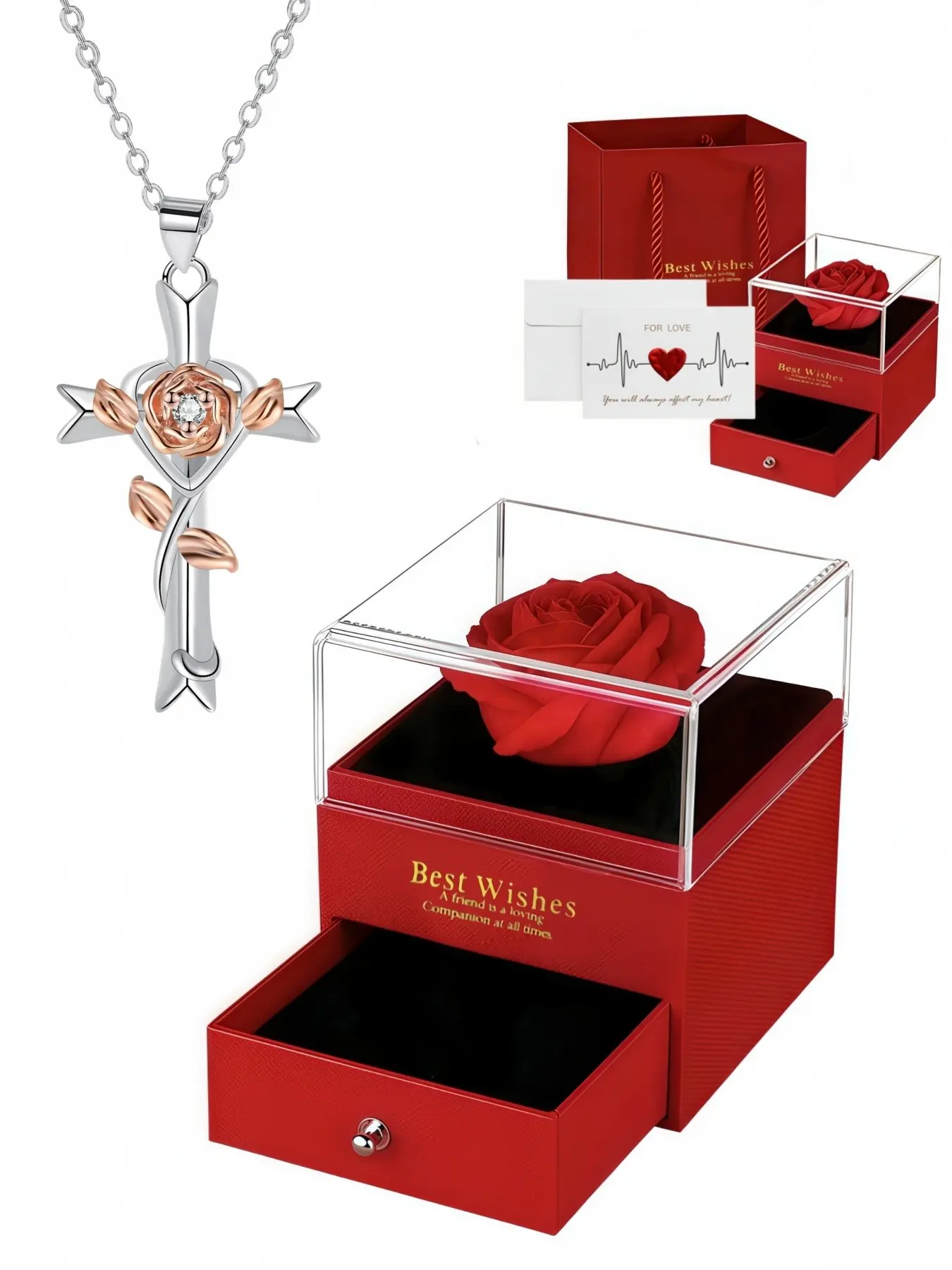 Cross Rose Glow · Dual Charm Original niche rose cross gem necklace, elegant and stylish.Comes with a red preserved rose gift box.Ideal Jewelry Gifts for birthdays, Mother’s Day and Valentine’s Day.