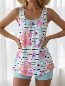 Women's Casual Fashion Tankini Two-Piece Swimsuit Set, Stylish Beachwear, Comfortable Swimwear, Perfect for Summer Holidays, Tankini With Shorts, Floral Tankini Set