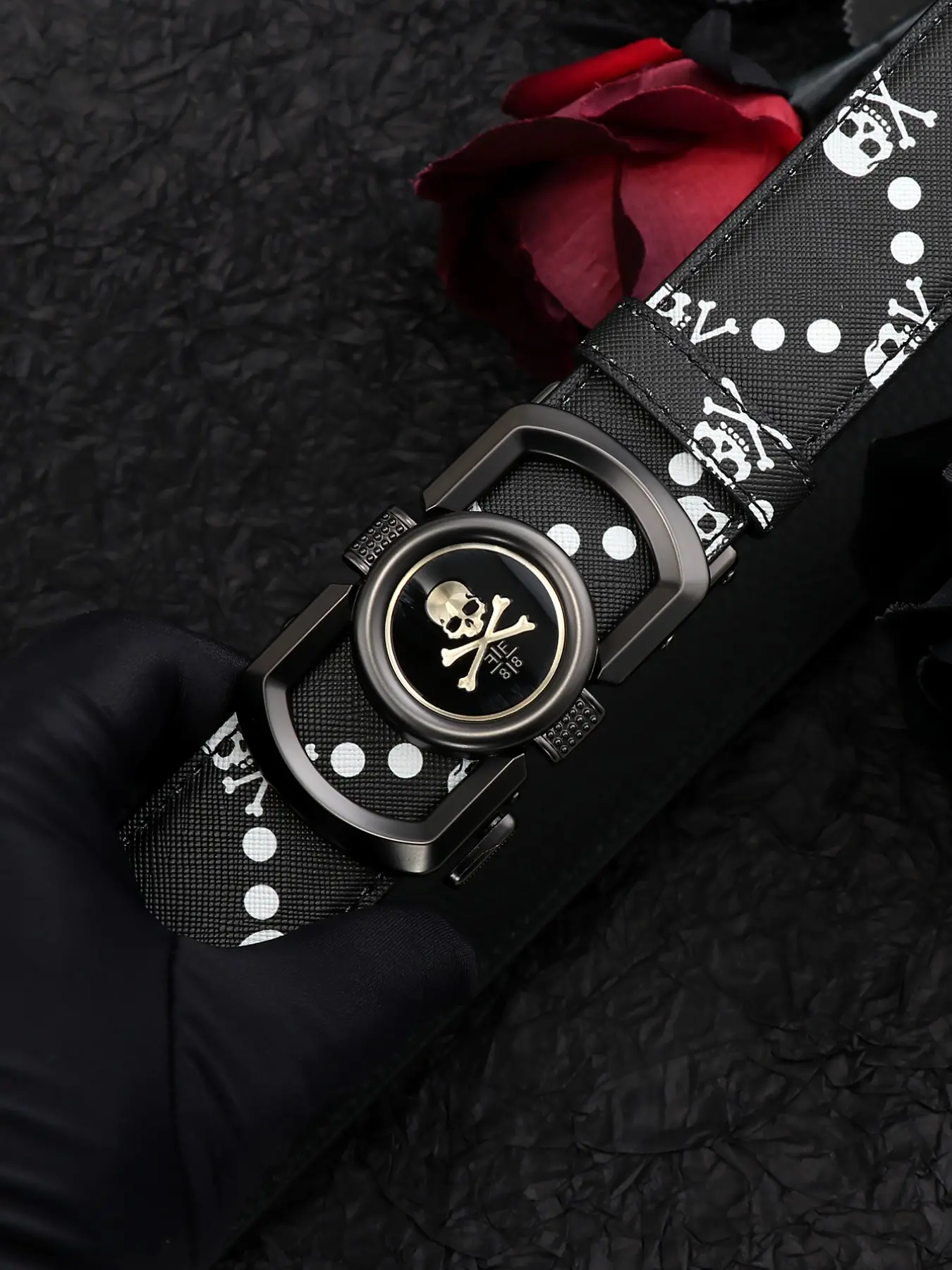 Men's Fashion Skull Print Automatic Buckle Belt, Casual PU Leather Belt for Daily Clothing Decor, Trendy All-match & Exquisite Belt for Birthday Gift, Street Style Belt, Punk Fashion Belt, Stylish Belts, Belt With Buckle