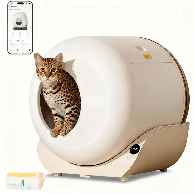 Furrytail Beautiful & Cat-Friendly Automatic Litter Box, Self-Cleaning Modern Cat Furniture with Smart Health Monitoring App, Quiet & Safe Cleaning, Odor Control, Night Light, Includes 40 Trash Bags