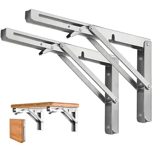 2PCS Folding Shelf Brackets - Heavy Duty Stainless Steel Collapsible Shelf Bracket for Bench Table, Space Saving DIY Bracket office use Adjustable Hooks Decor Room