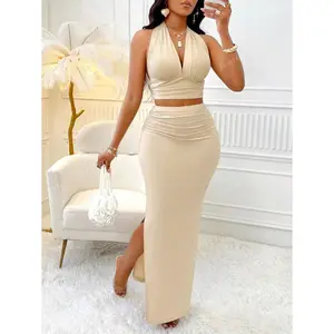 Solid Color Elegant V-Neck Backless Tie Cropped Tank Top & Slim Pleated Side Slit Maxi Skirt Fashionable Two Pieces Set, Casual Clothes Fabric
