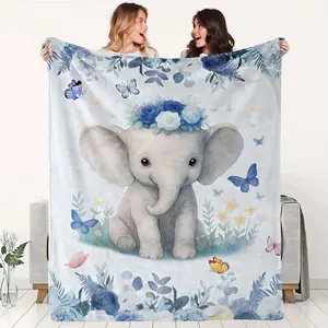 Baby Blanket Newborn Thickened Flannel Throw Blanket Autumn Winter Warm Cartoon Elephant Butterfly Flower Pattern Infant Small Blanket Kids Kindergarten Nap Blanket Soft Warm Bedding Soft Skin-Friendly Four Seasons Availa