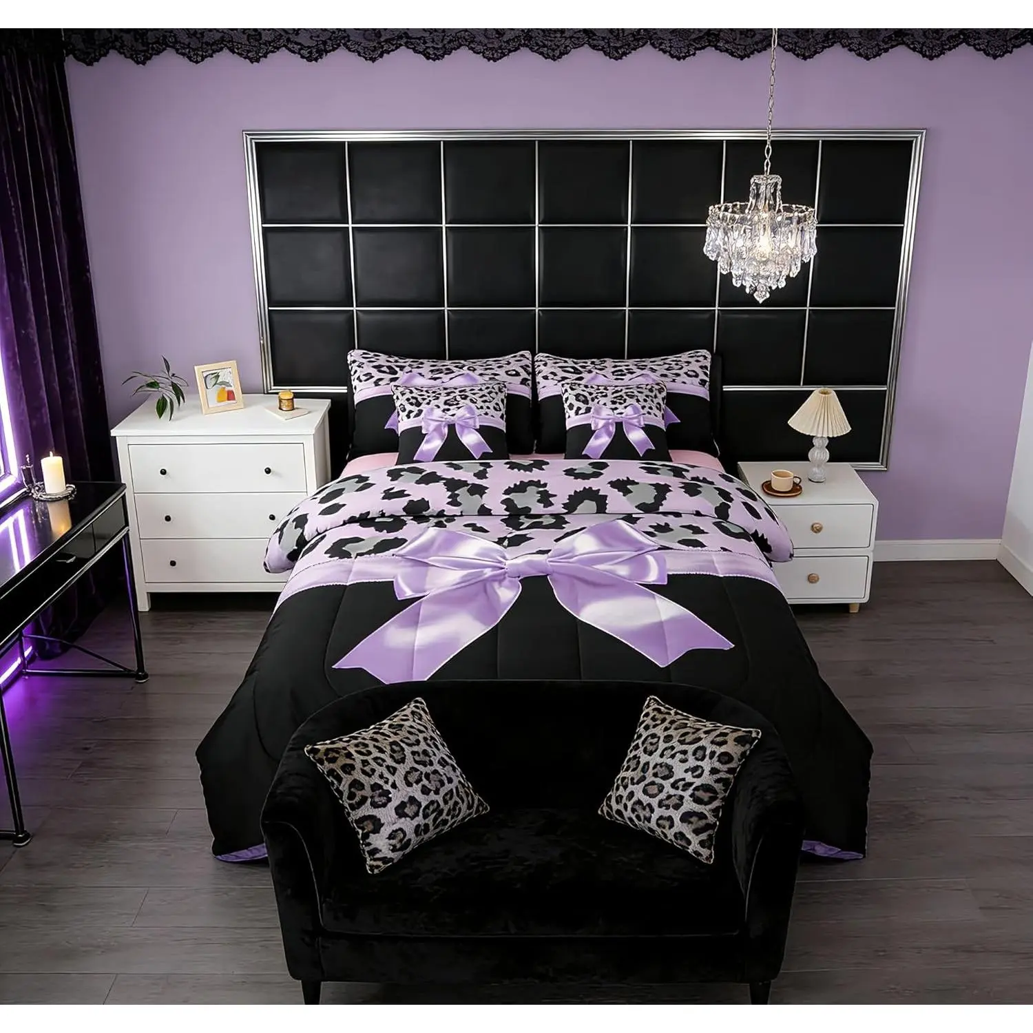 Purple Silk Bowknot 7 Piece Bedding Set Grey Leopard Comforter Set with Sheets for Kids Girls Women Black Purple Bed in a Bag Sweet Romantic Bed Set