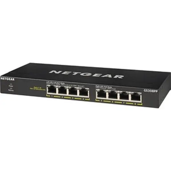 Netgear GS308PP-100NAS PoE Ethernet Switch - 8 Copper Ports, 2-Layer Supported, Twisted Pair, Home Use, 183W Total Power, 3.45 lbs, Includes AC Adapter
