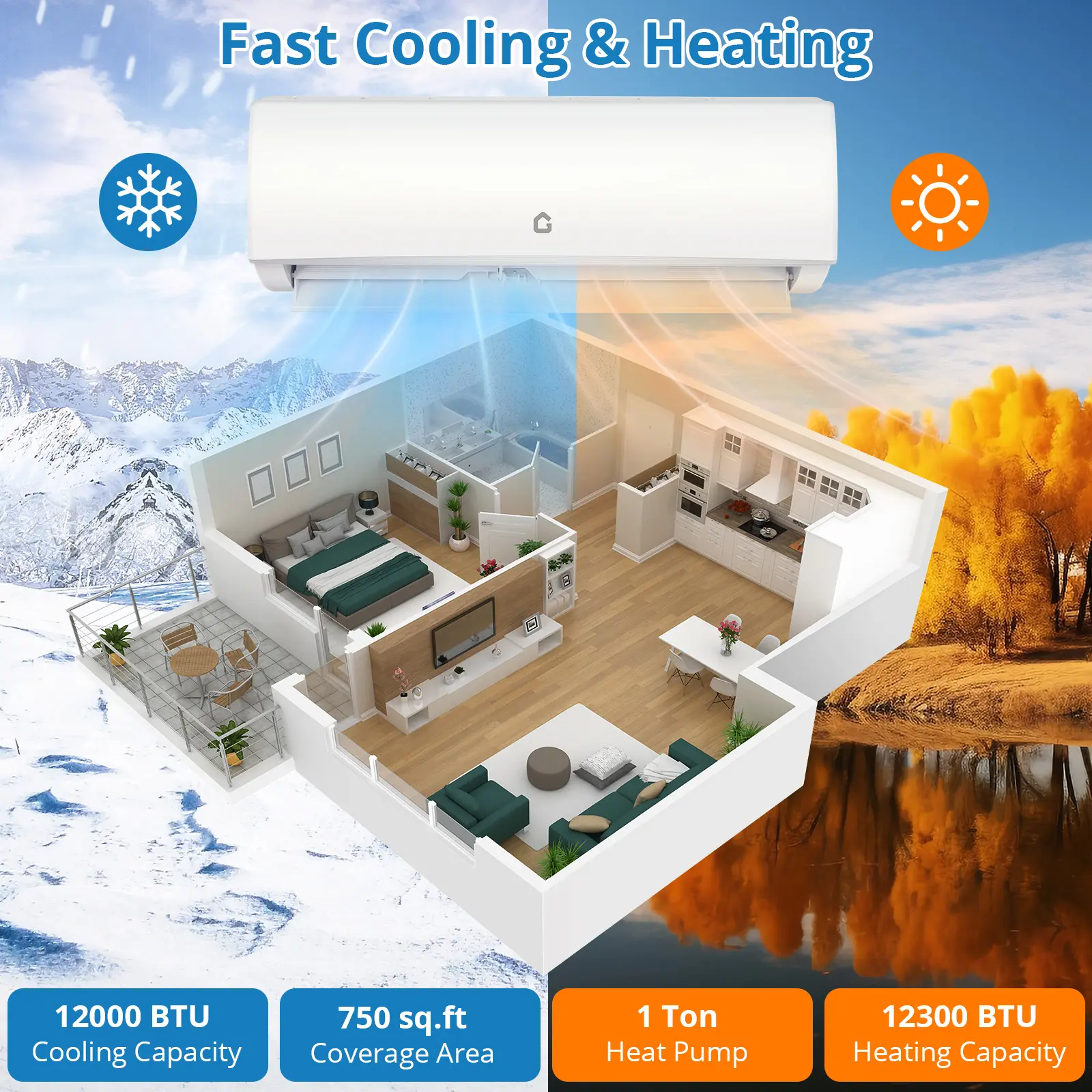12000 BTU Ductless Mini Split Air Conditioner & Heating System - 21 SEER2, 208v-230v, Energy-Efficient, WiFi Connected, Alexa Compatible, Cools Up to 750 Sq. Ft, 16.4Ft Installation Kit, R454B Refrigerant, Ideal for Office Use