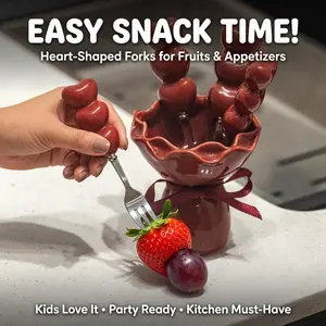 Heart Shaped Fruit Forks Set with Ceramic Bouquet Holder, 4PCS Reusable Stainless Steel Dessert Forks, Cute Appetizer Picks for Party, Valentine's Day, Kitchen Decor
