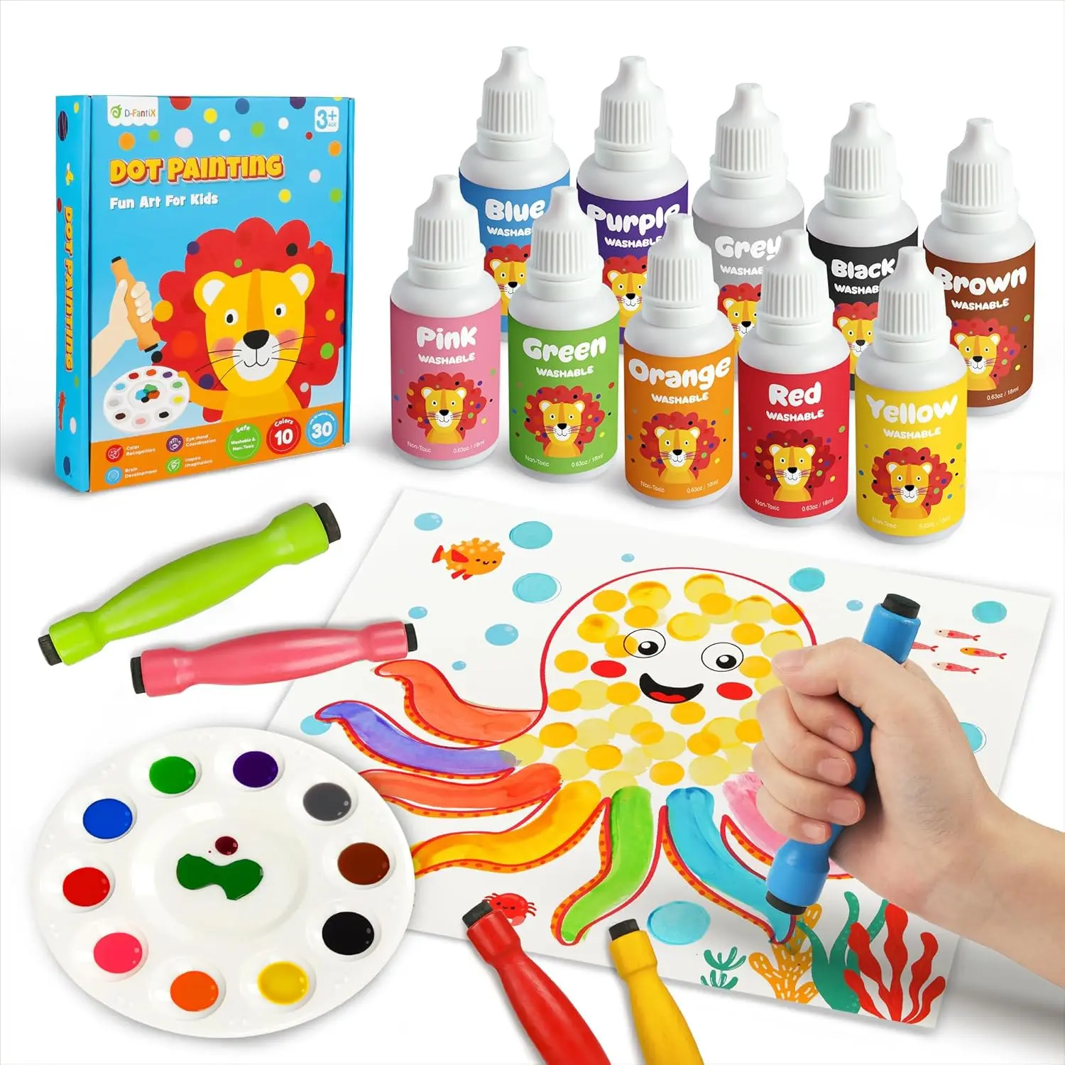 D-FantiX Washable Paint Dot Markers, 10-Color Bingo Daubers for Toddlers, Dot Art Kits with Colorful Art Learning Tools for Preschool Classroom Activities & Focus Development