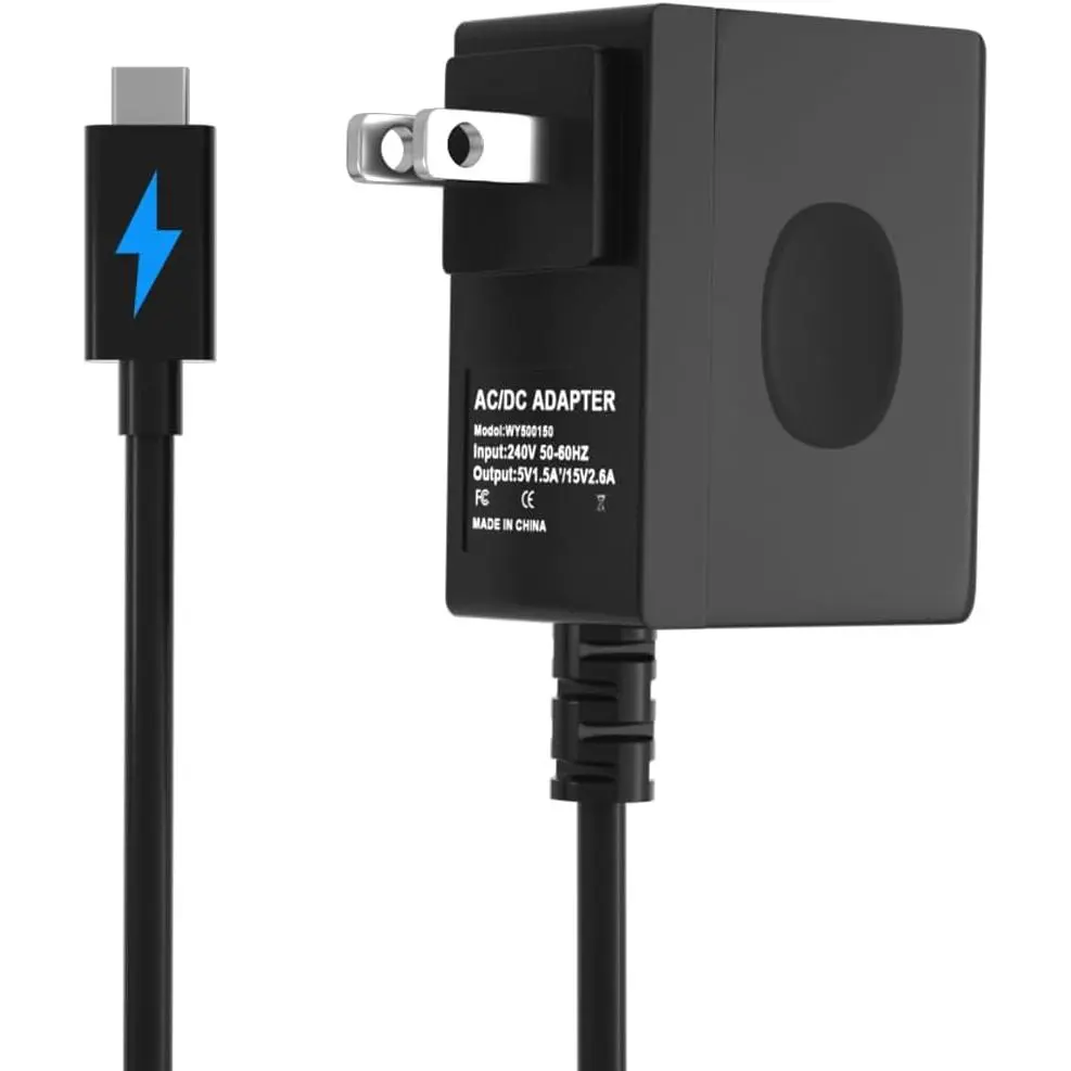 USB-C Fast Charge AC Adapter for Nintendo Switch Series (OLED/Lite Compatible) with 5FT Cable, Supports TV Dock Mode, 15V-2.6A Output