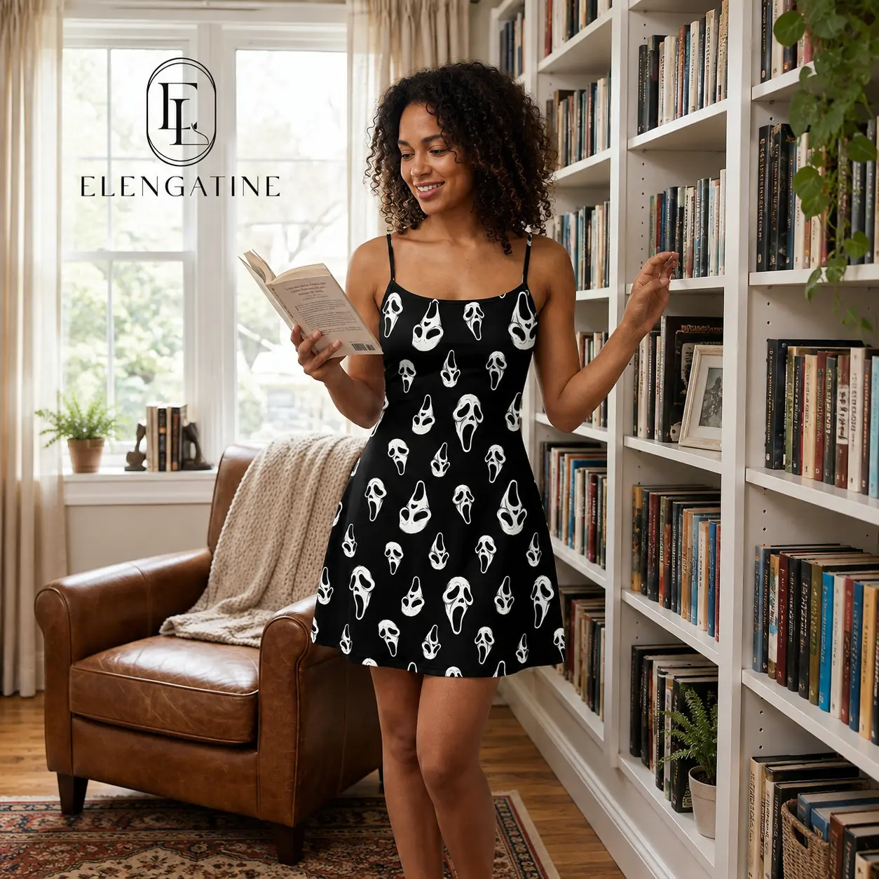 Elengatine Women Gothic Skeleton Print Mini Dress, Casual Spaghetti Strap A-Line Sundress with Horror Graphic, Soft Breathable Sleeveless One Piece, Summer Streetwear & Music Festival Outfit, Relaxed Fit Lounge Wear, Stylish Baddie Aesthetic Dress ！