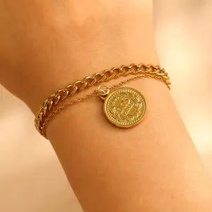 Medallion Layered Chain Bracelet, Gold Tone with Chunky Cuban Link and Delicate Chain, Stacked Bracelet with Engraved Coin Charm for Modern & Polished Looks