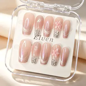 Handmade Nude Pink Shimmer Cat Eye Gradient Press On Nails With Silver Rhinestone Tip & 3D Pink Floral Accents, Medium Tapered Coffin Reusable Fake Nails For Luxury Girly Wear