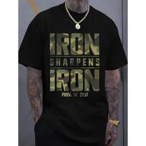 Men's 100% Cotton Graphic T-Shirt - "IRON SHARPENS IRON" & Proverbs 27:17 Bible Verse Design, Geometric Print Casual Streetwear Tee, Breathable Summer Top, Machine Washable, Summer Fashion | Camouflage Pattern | Durable Fabric