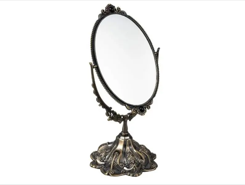 Feyarl Vintage Oval Makeup Mirror, Double-Sided Swivel Bronze Mirror with Stand for Vanity or Dressing