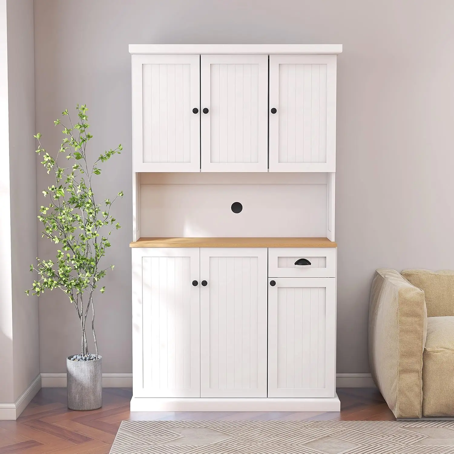71" Kitchen Pantry Cabinet, Modern Storage Cabinet with Countertop, Freestanding Hutch with 6 Doors, Storage Drawer, 3 Adjustable Shelves for Kitchen, Living Room, Dining Room, White
