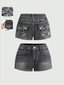 Vintage Y2K Punk Low Waist Jeans Shorts, Embroidered Rivets Beads Design, Washed Denim Shorts, Slim-Fitting, Casual Style Womenswear