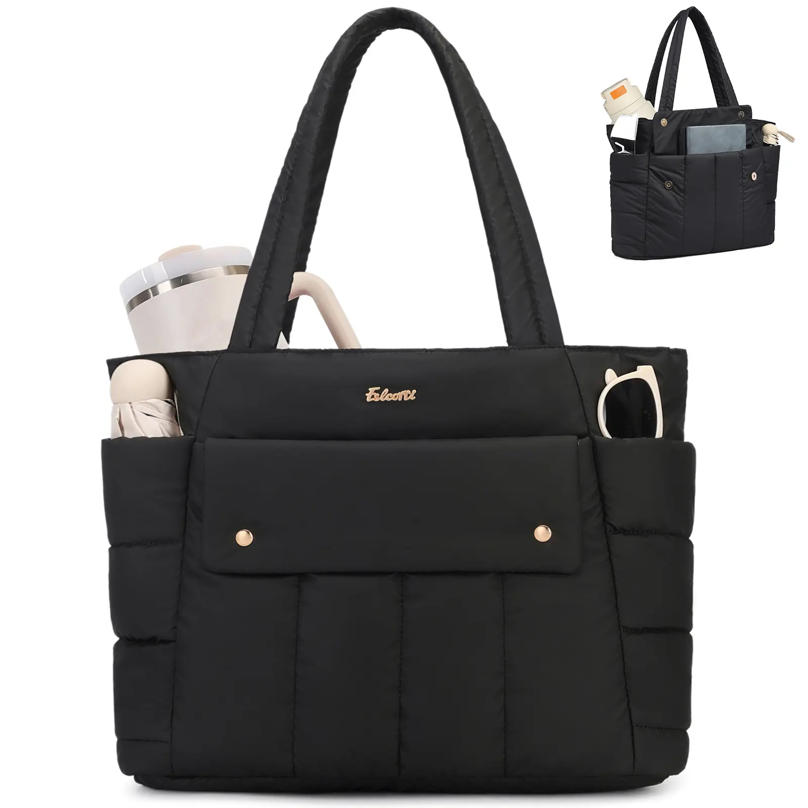 Eslcorri Women's Large Quilted Puffer Work Tote Bag - 21L Lightweight Bag with Luggage Sleeve, Travel & Gym Carry-On, Work Tote Bags
