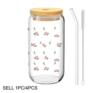 Set of 1/4 Rose Pattern Glass Cup with Lid, Glass Straw and Straw Brush, 16oz/480ML Iced Coffee and Beverage Cup