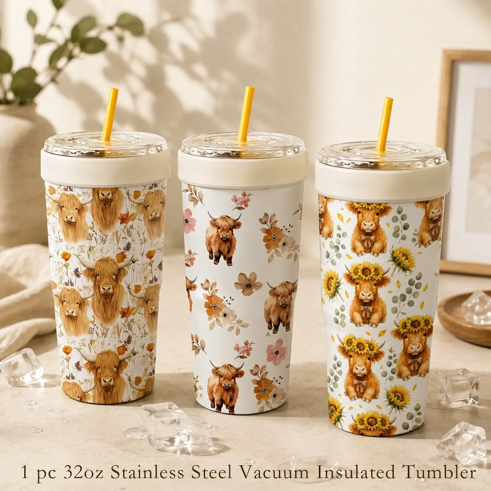 1 Pc 32oz Cute Highland Cow Floral & Sunflower Print 2-in-1 Insulated Drinkware Can Cooler, Includes Tumbler Lid, Converts into a 32oz Travel Tumbler, Fits Most 16-24oz To-Go Coffee & Bubble Tea Cups, No Sweat, Perfect for Halloween, Christmas & Daily Use