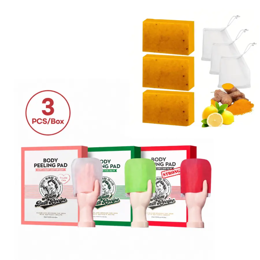 Korean Import 3PC/1 Box Bath Set - Mom’s Bath Recipe Moisturizing Soothing Exfoliates Dead Skin Wipe, Personal Scrubber, Trouble Care Glove, Kojic Turmeric Face Soap