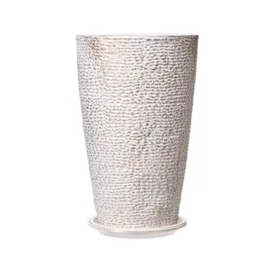 Set of 2 Tall Outdoor Planters 21H, Round Large Planters For Front Porch and Patio, Stone Finish Flower Tree Plant Pots