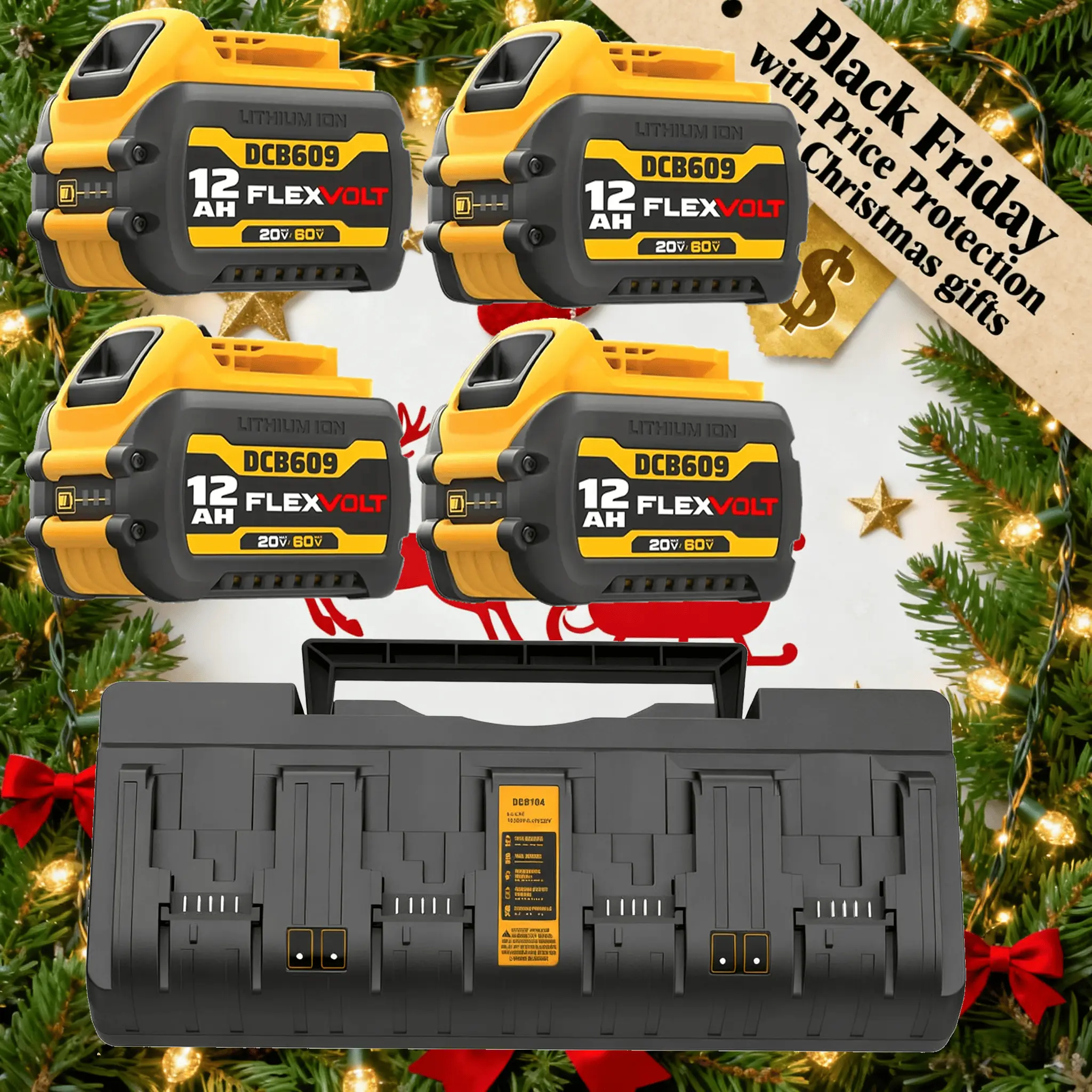 【Black Friday Price Protection】 DeWalt 20V-60V Max Lithium Batteries & Charger Kit, 4-Pack 12Ah Replacement Batteries, 1-Pack 3A 4-Port DCB104 Charger, Compatible with DCB606 DCB609 DCB612 Cordless Power Tools