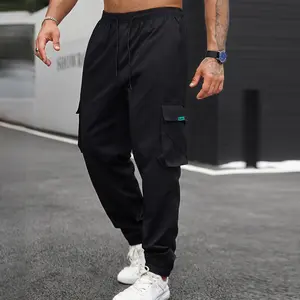 Men's Black Nylon Cargo Joggers Lightweight Streetwear Pants with Elastic Cuffs, Utility Techwear Style, Relaxed Fit, Y2K Fashion, Clean Fit, Viral Outfit, Everyday Wear, Trending 2026, Urban Essentials Alphabet Print Loose Sweatpants Wide Leg