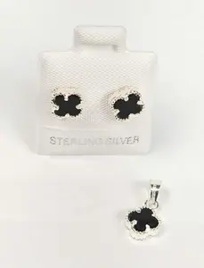 Set Stud Earrings & Pendant Black Flower 4-Leaf (Small) - 925 Sterling Silver