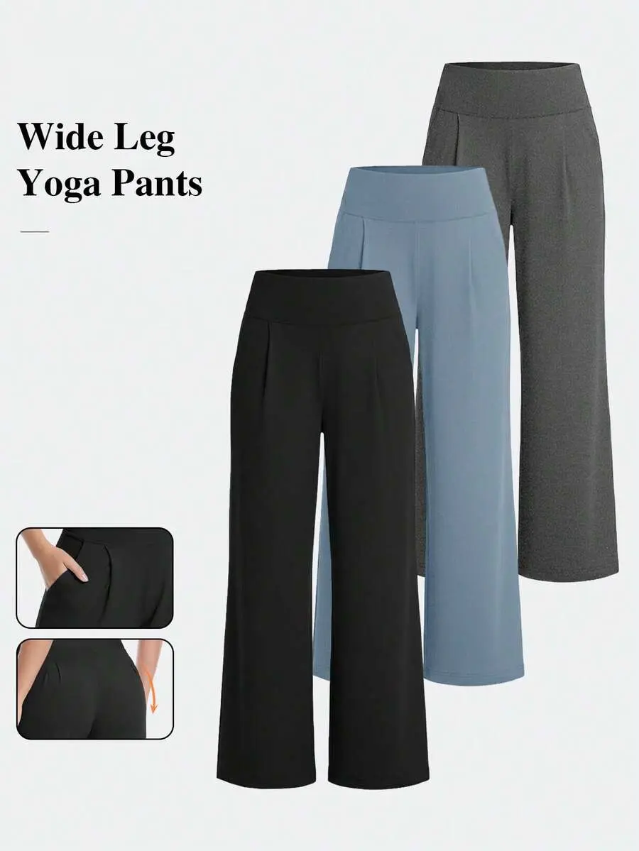3-Pack  Women's High Waist Flowy Wide Leg Jogger Pants Sweatpants Black, Navy, Light Blue Set with Pockets for Casual, Sports, Lounge Use summerwins