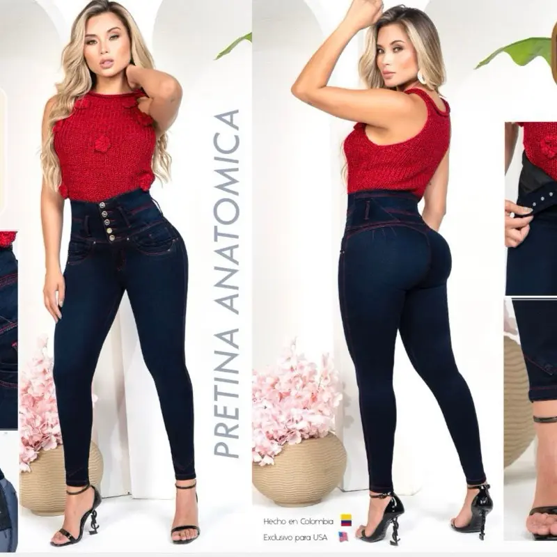 Pretina Anatomica 2501 Azul Borde Rojo 5 Botones High-Waist Jeans for Women Made in Colombia Exclusive for USA