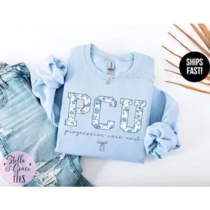 PCU T-Shirt / Sweatshirt / Hoodie, Progressive Care Unit Nurse , PCU Nurse , Blue Toile Nurse Apparel Cotton Fabric Womenswear