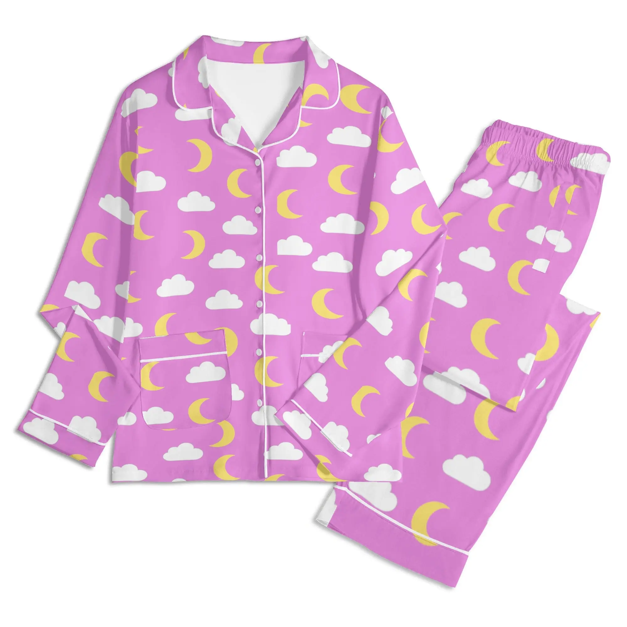 Moonlit Clouds Cozy Pajamas - Exclusive Lady E-n-Co Pattern, Soft Breathable Fabric, Vibrant Pink Aqua, Fade Resistant, Perfect for Sleep Lounging Travel & Gifting