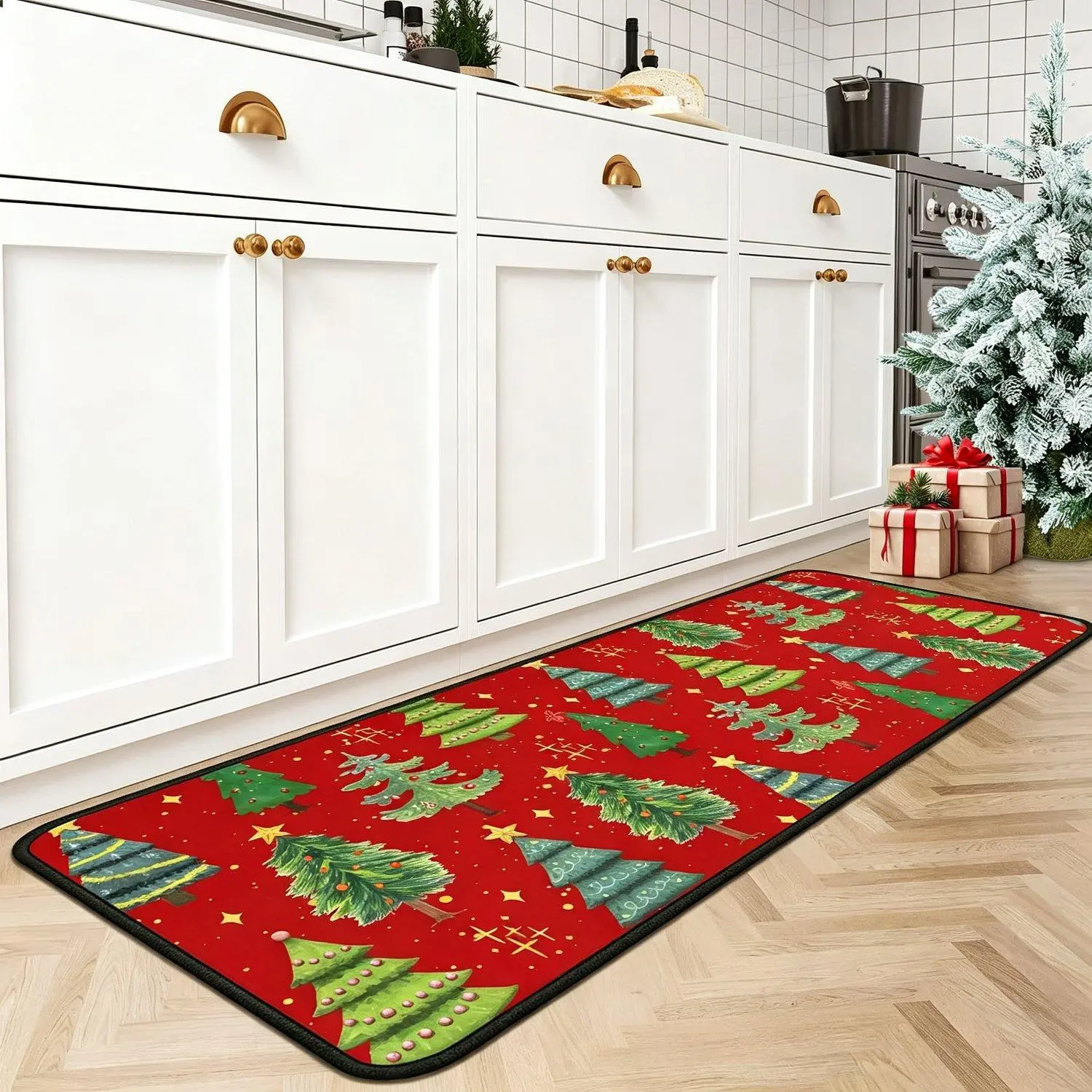1PCS Buffalo Plaid Xmas Trees Merry Christmas Low Profile Area Rugs Winter Holiday Floor Mat for Home Kitchen Decorative Floor Covering