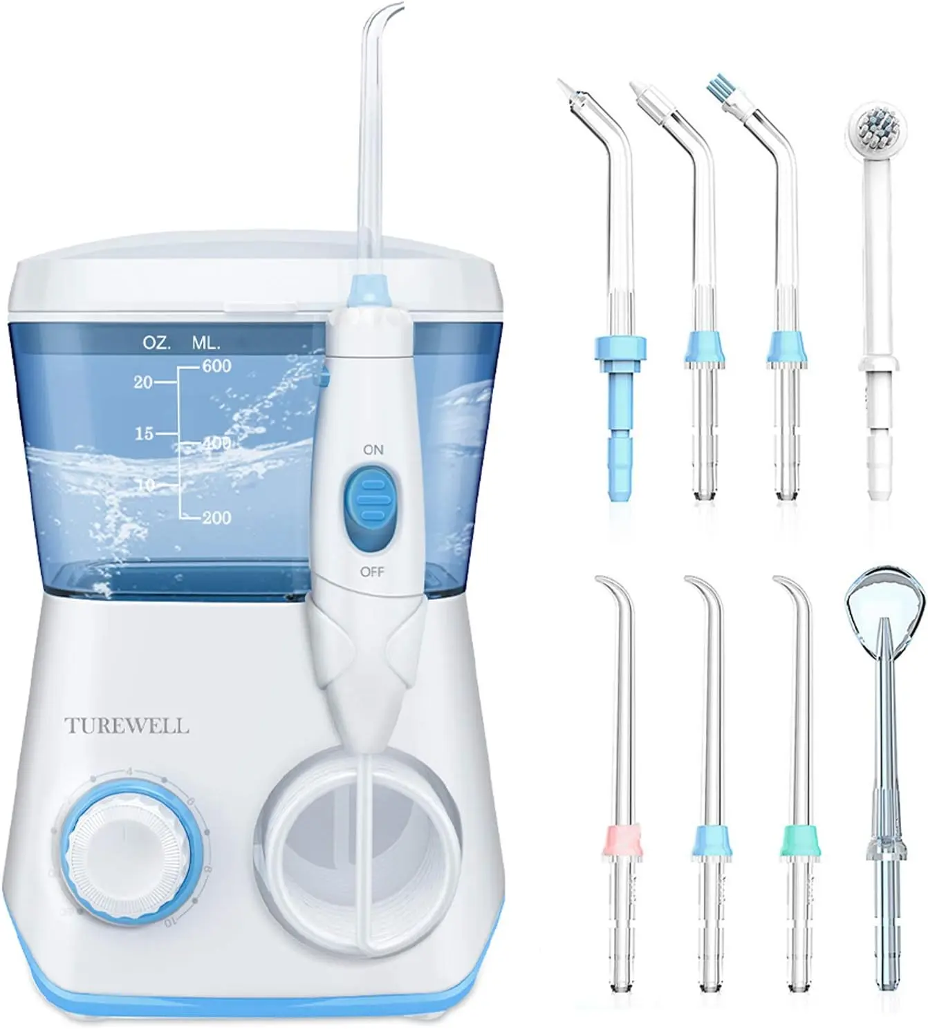 TUREWELL FC165 Electric Oral Irrigator Water Flosser - 600ml Leak-Proof Tank, 10 Adjustable Pressure Settings, Adjustable Flow, 8 Jet Tips (Including Tongue Cleaner Tip), Power Off Memory, for Gum Care, Prevents Bad Breath (White, Single Item)