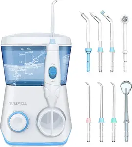 TUREWELL Water Flossing Oral Irrigator, 600ML Dental Cleaner 10 Adjustable Pressure, Electric Oral Flosser for Teeth/Braces, 8 Replacement Jet Tips for Family