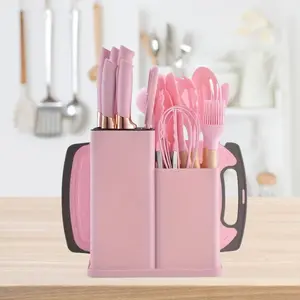 19PC White Pink Kitchen Knife & Cookware Set – Wood Handles, Chef Knife, Non-Stick Pots/Pans, Silicone Utensils, Steel Spatula, Nonstick Ladle. Heat-Resistant Tools – Great for International Women's Day, Birthday Gifts!
