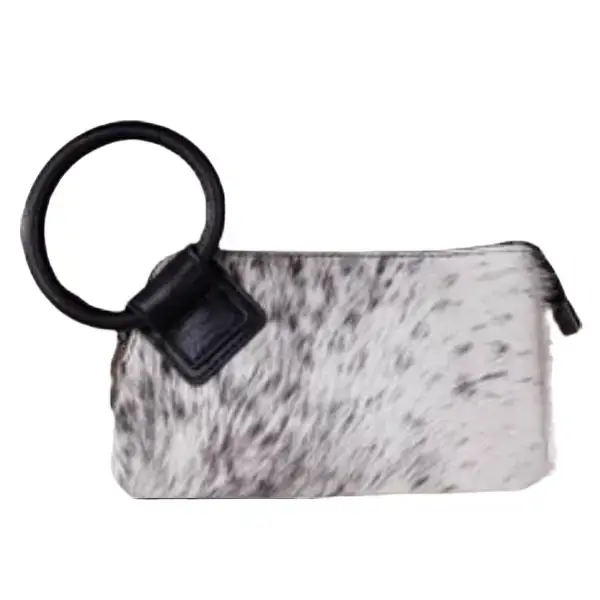 Women's Wild West Hair-On Cowhide Wristlet - Brown or Black Genuine Leather Clutch, Vintage Western Leather Purse with Metal Ring Handle & Interior Card Slots