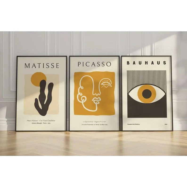 Picasso Matisse Bauhaus Warm Earthy Wall Art Set – Minimalist Modern Abstract Prints – Mid Century Mustard Yellow Geometric - No Frame