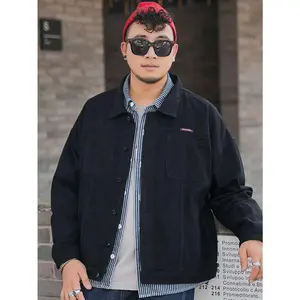 American Plus Size Denim Jacket Men's Spring And Autumn Loose Straight Tube Version With Added Fat And Increased Durability Black Regular Fit Long Sleeve Button Front Jacket