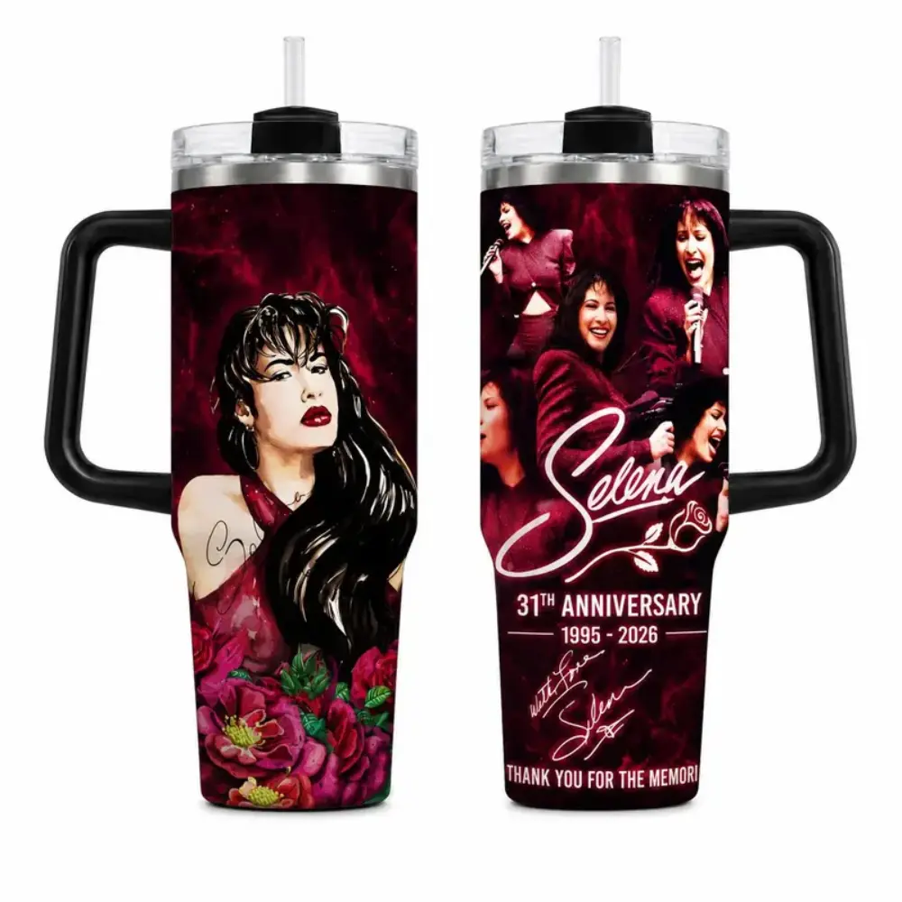 Selena Inspired 31st Anniversary 40oz Tumbler With Handle, Latin Music Fan Travel Cup, Memorial Tribute Insulated Drinkware