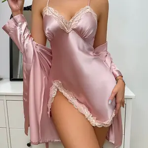 Women's Satin Nightdress with Robe - Lace Trim, Comfortable & Stylish Sleepwear Set